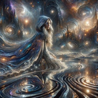 The primary subject of the image is a woman dressed in a white and blue gown, standing in a surreal, swirling environment. The setting appears to be a futuristic, celestial landscape with a mix of water and stars. The visual style of the image is digital art, creating a dreamy and otherworldly atmosphere. The colors in the scene are predominantly blue and white, with the woman's gown adding a touch of warmth to the overall mood.
